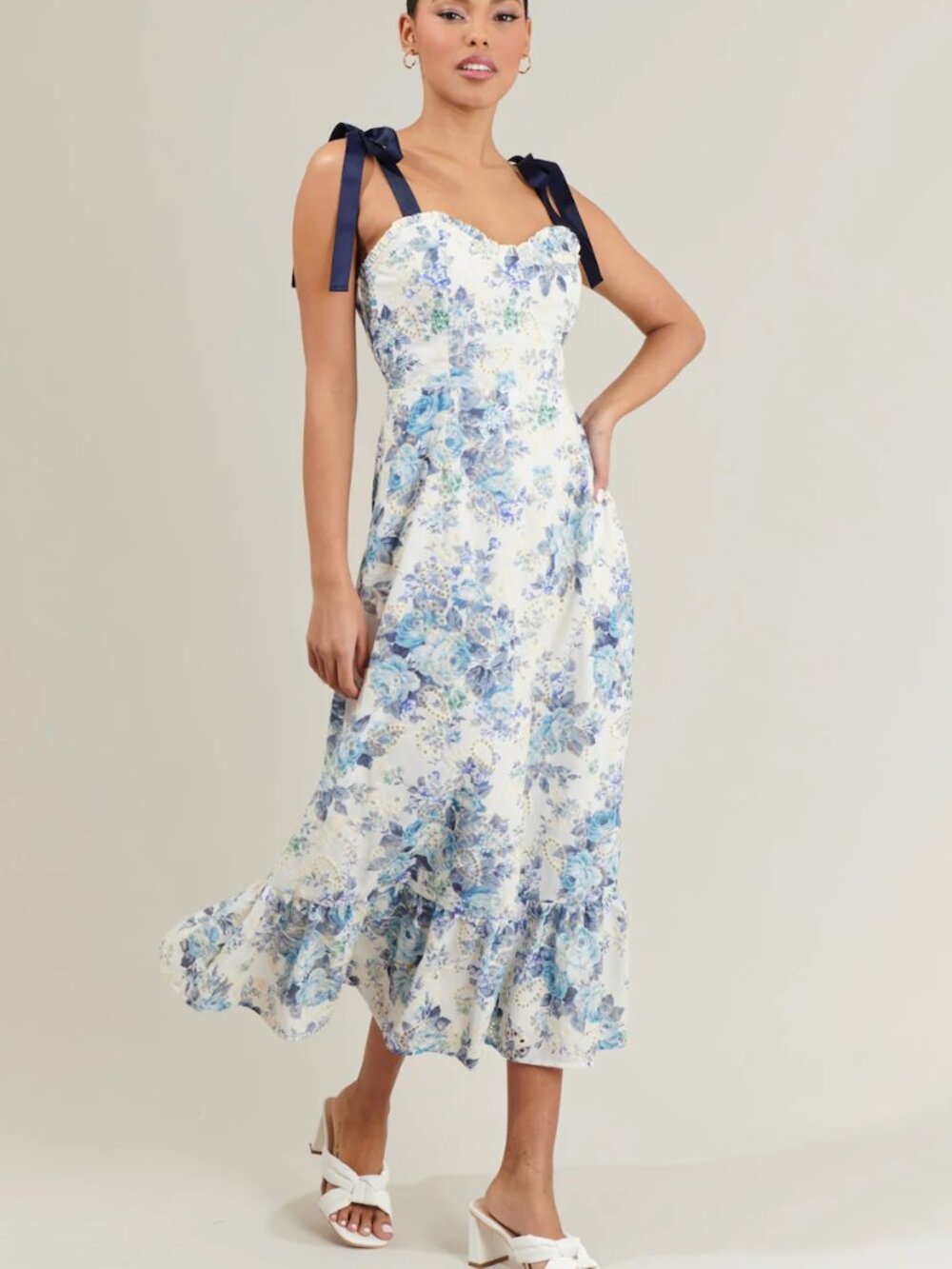 Sugarlips Majesty Floral Villa Garden Eyelet Midi Dress - White/Blue - Picture 3 of 6